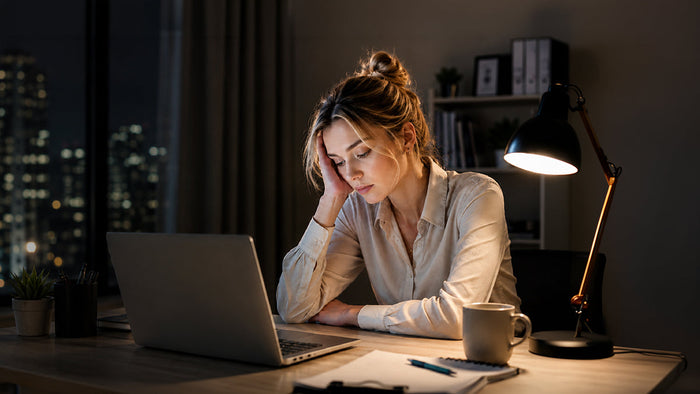 Tired woman working late at a laptop, resting her head in her hand while sitting at a desk in a dimly lit home office.