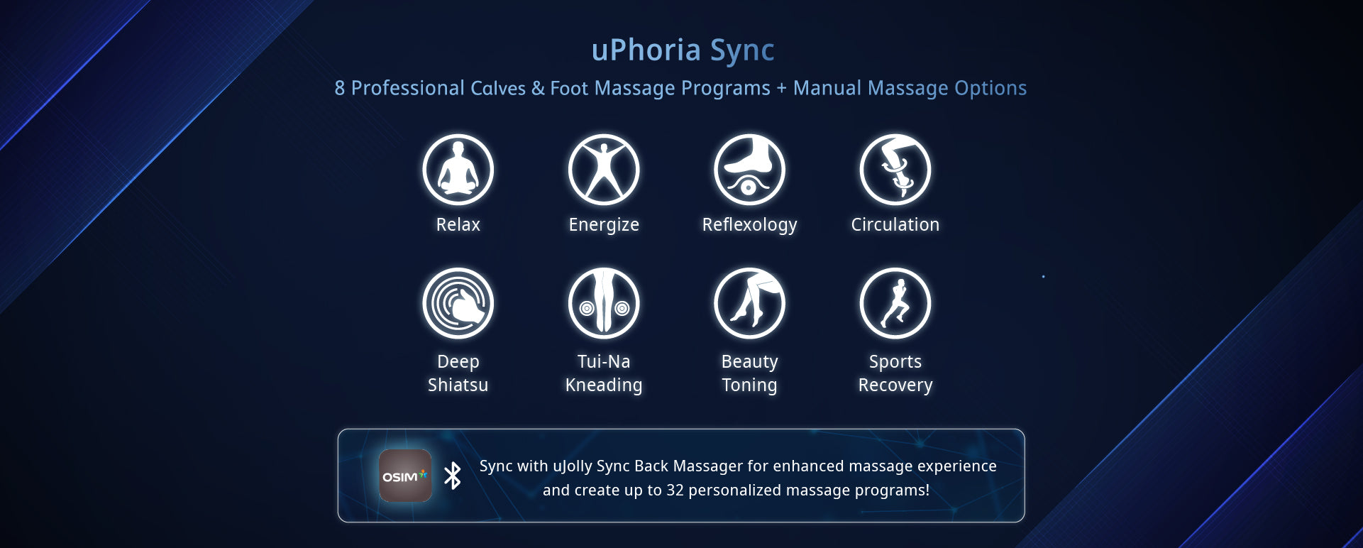 8 Professional Massage Programs + Manual Massage Options
Relax Energize Reflexology Circulation Deep Shiatsu Tui-Na Kneading Beauty Toning Sports Recovery

Sync with uJolly Sync Back Massager for enhanced massage experience and create up to 32 personalized massage programs!